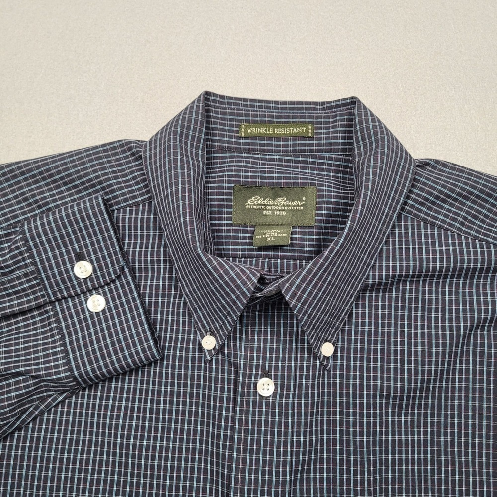 Eddie Bauer Mens XL Long Sleeve Wrinkle Resistant Button Down Plaid Shirt Navy